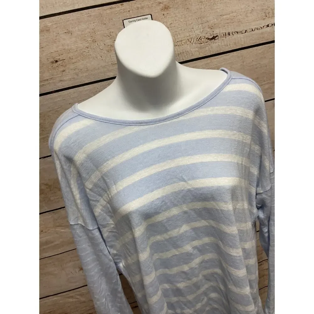 Athleta Womens Linen Shirt Size Large Blue Striped Blouse Casual Top Long Sleeve - Picture 7 of 13